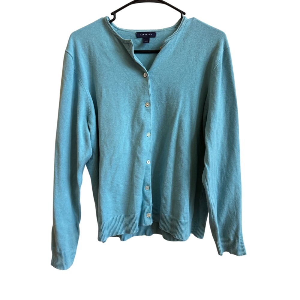 Lands End Women Turquoise Blue Button Front Cardigan Sweater Large 14-16